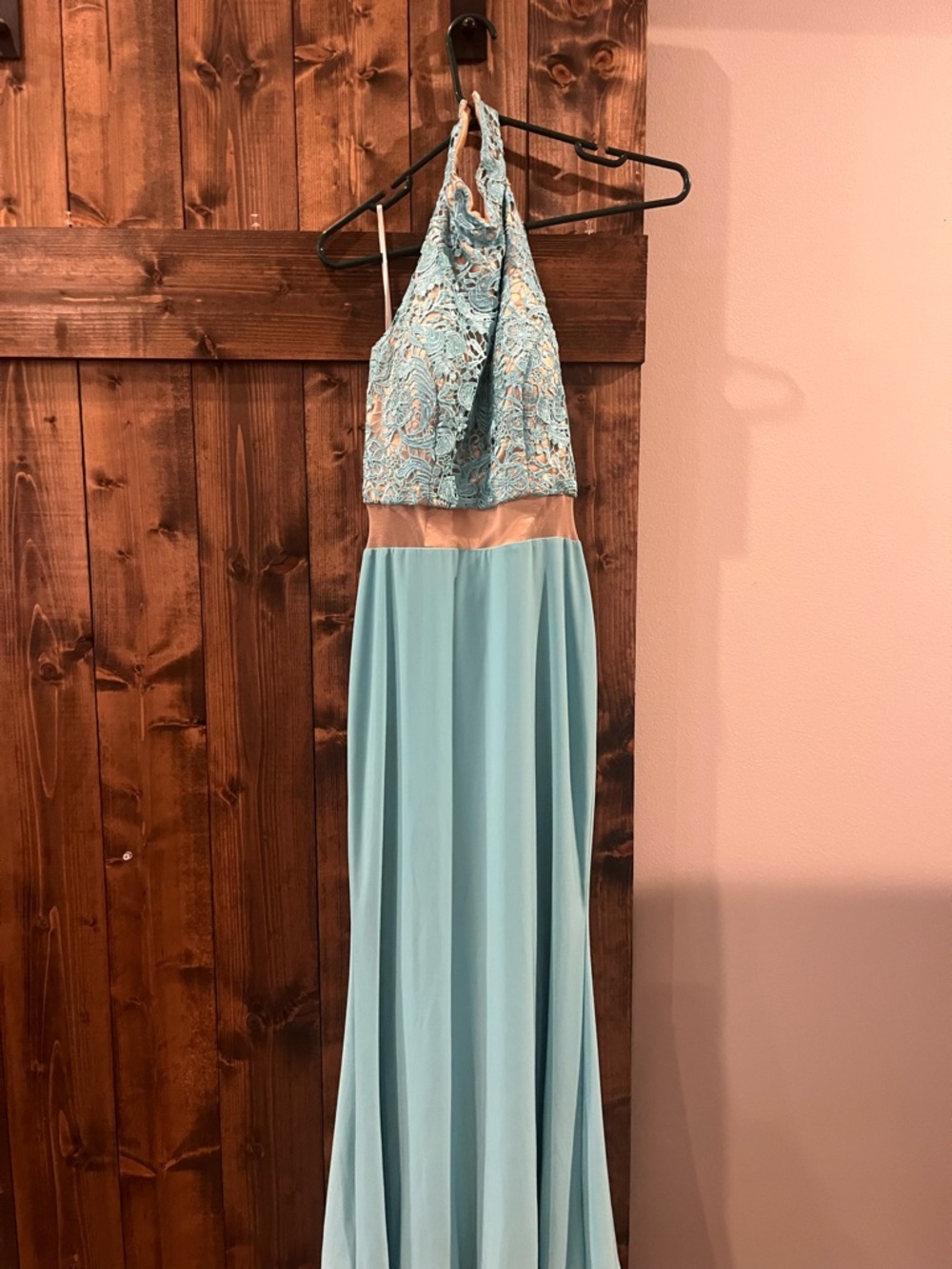 Aqua Halter Lace Top Maxi Dress with Blush Waistband
